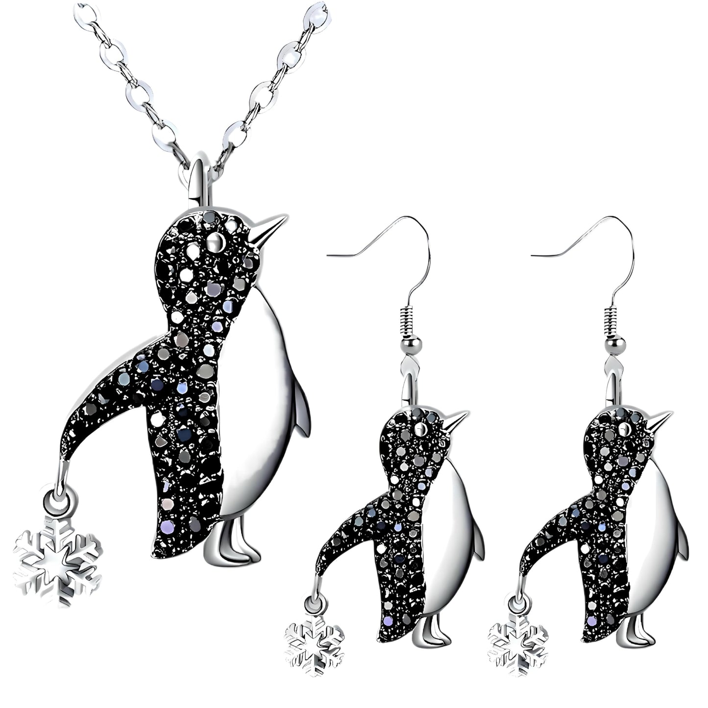 Crystal Penguin Jewelry Set, Silver Necklace and Earrings with Snowflake Charm, Black - Gift for Penguin Lovers