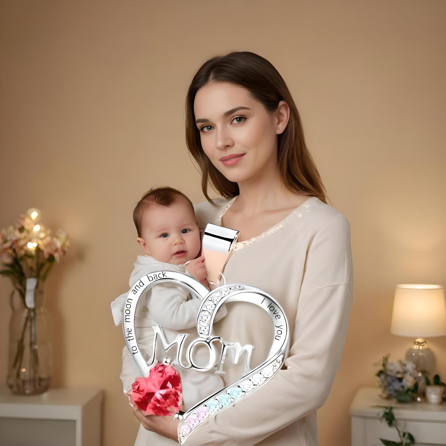 Gold Heart Shaped "MAMA" Necklace, Sparkling Stainless Steel Necklace- with Blue and Pink Simulated Diamonds, Christmas or Birthday Gift (Red Heart)