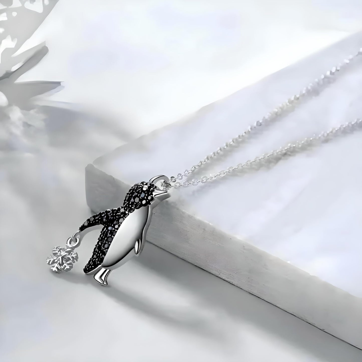 Crystal Penguin Jewelry Set, Silver Necklace and Earrings with Snowflake Charm, Black - Gift for Penguin Lovers