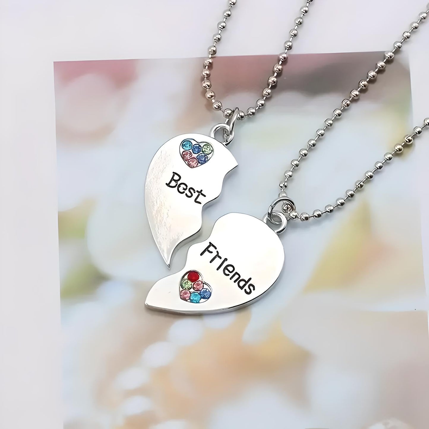 Best Friends Split Heart Pendant Necklace, 2 PC/set, with Rhinestones, 19.7 inch Silver Ball Chain