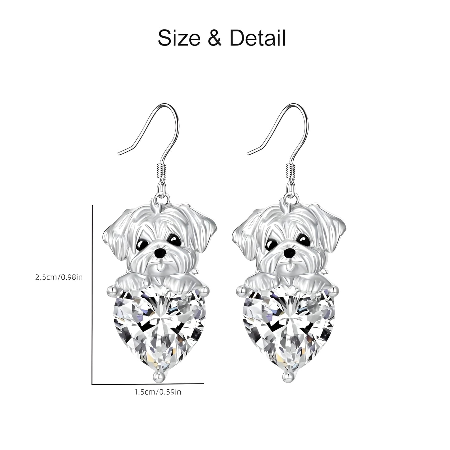 Decorative Dog Dangle Earrings, Blue Crystal Heart, Silver Shih Tzu Design