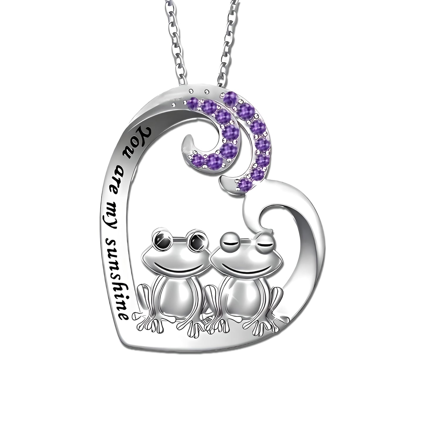 Cute Frog Couple Heart Pendant Necklace, Sterling Silver Chain 19.7 inch, Crystal Accent - Engraved 'You are my sunshine'
