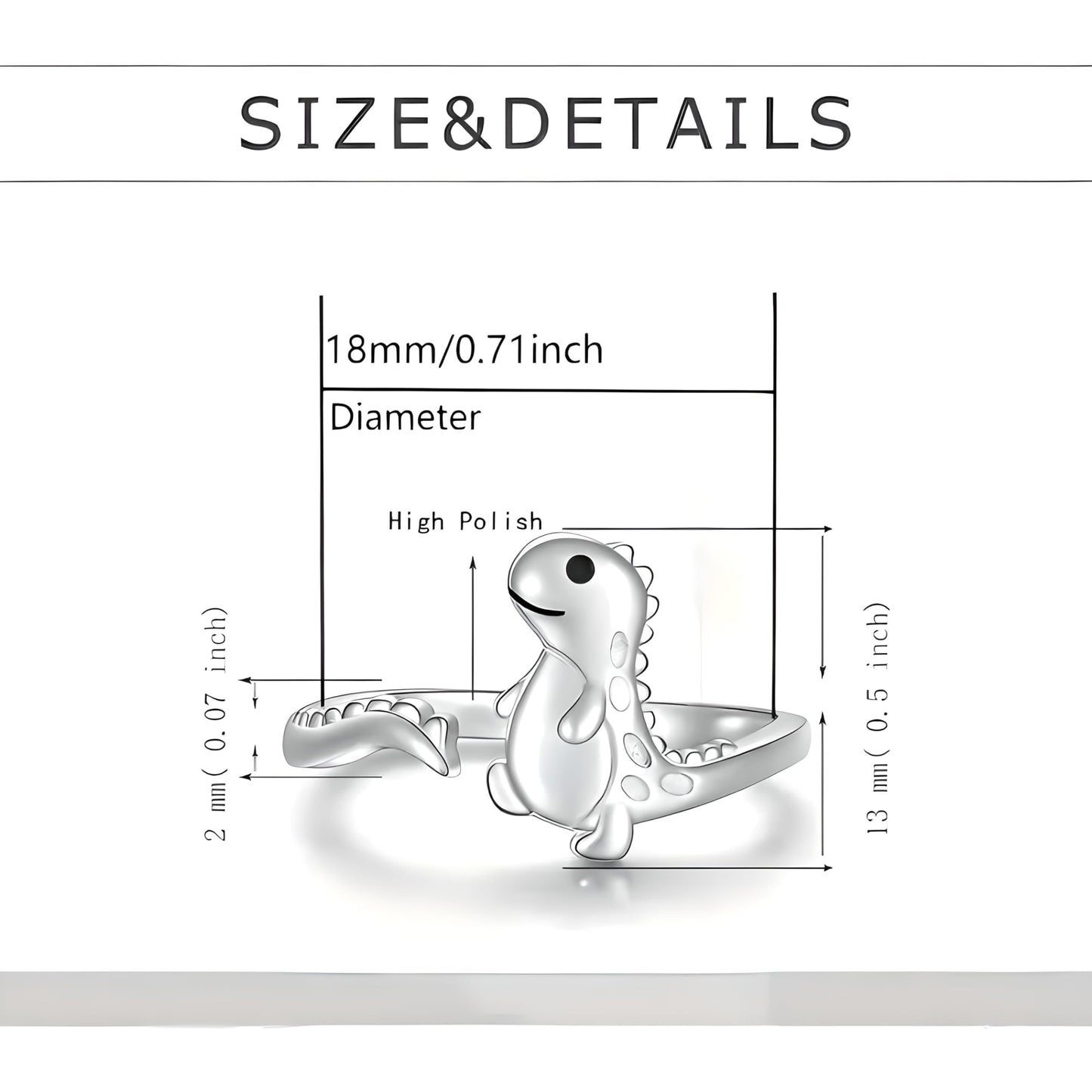 Dinosaur T-Rex Adjustable Ring, Sterling Silver, Cute Cartoon Design - Gift for Dinosaur Lovers