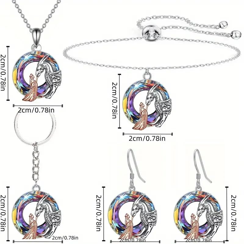 Fantasy Dragon and Maiden Jewelry Set, 4-Piece Rainbow Crystal Collection, Necklace Bracelet Earrings Keychain, Silver