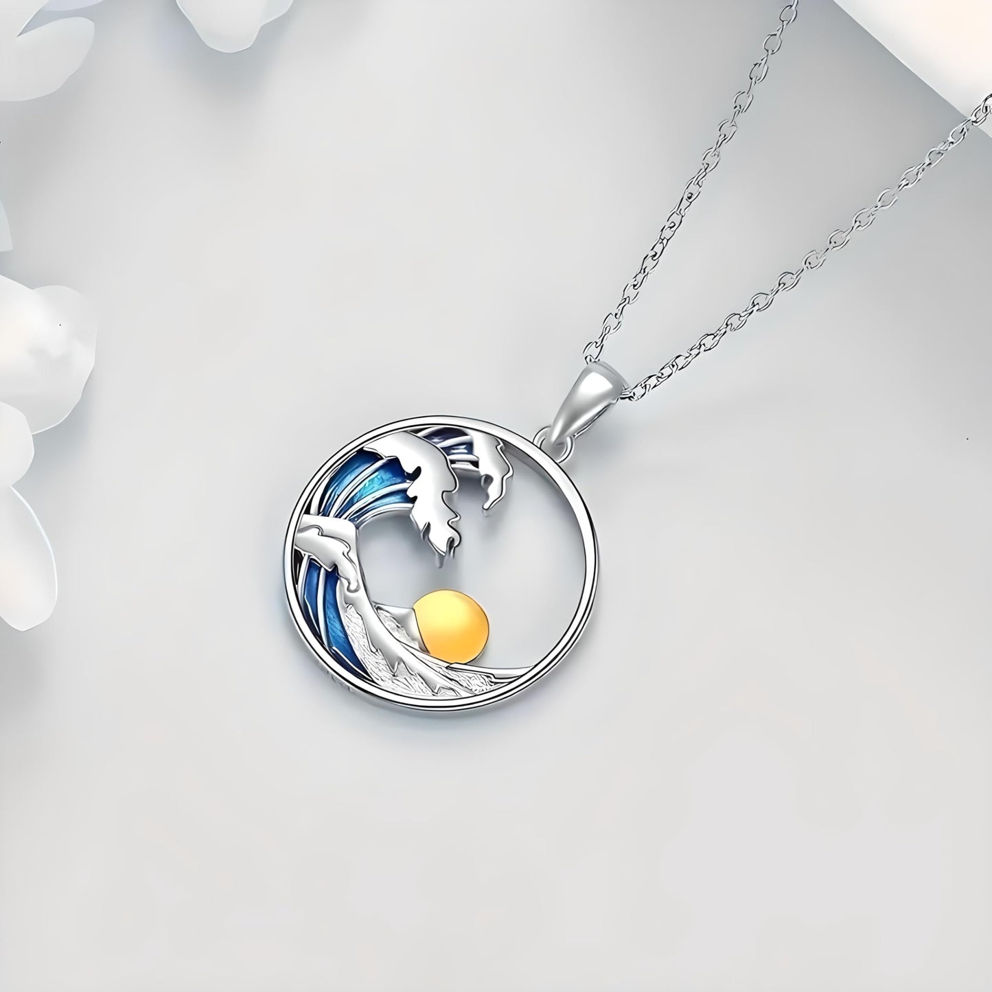 Ocean Wave Pendant Necklace, Sterling Silver Chain, Blue Enamel and Gold Sun Design - Beach Jewlery Gift
