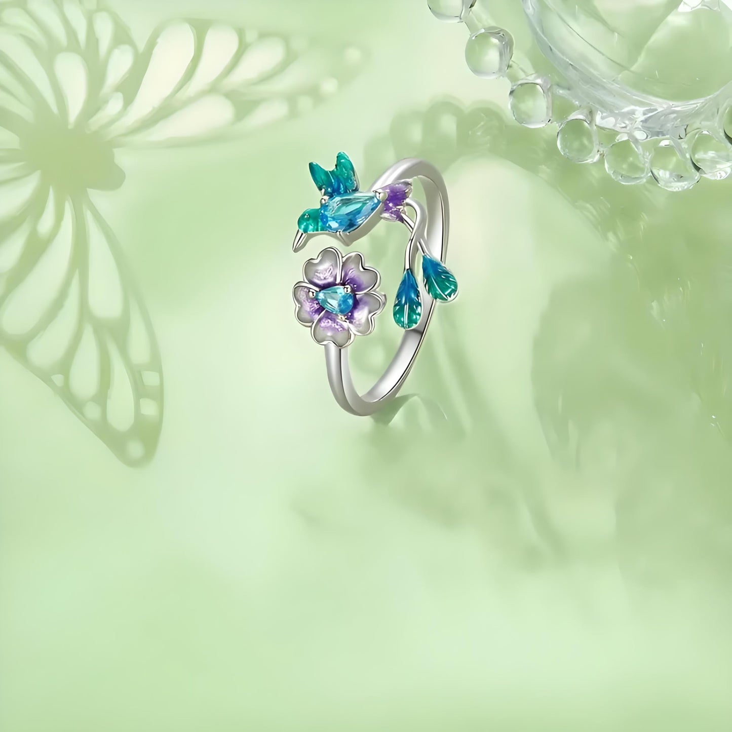 Sterling Silver Hummingbird Ring with Enamel Flowers, Adjustable, Turquoise and Purple