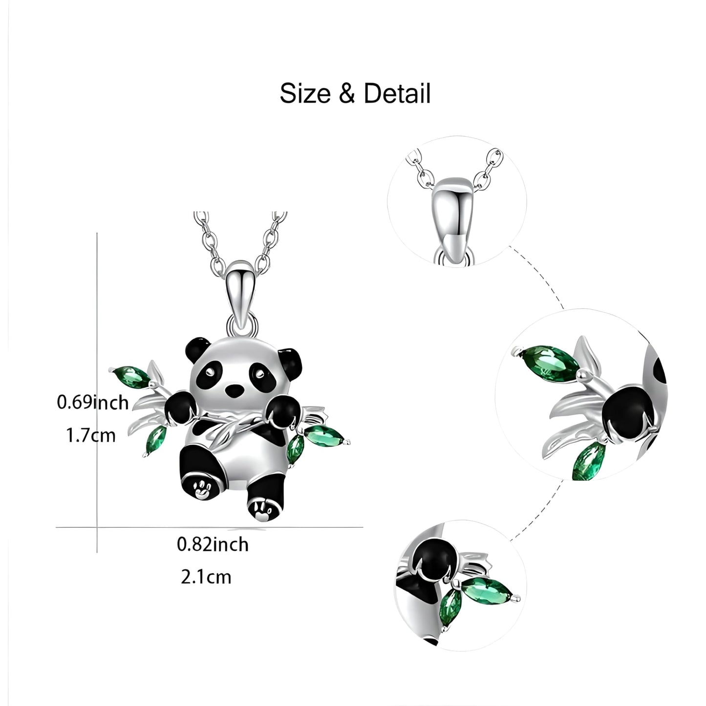 Panda Jewelry Set with Necklace, Earrings, Bracelet and Keychain, Silver with Green Crystal Bamboo Leaves