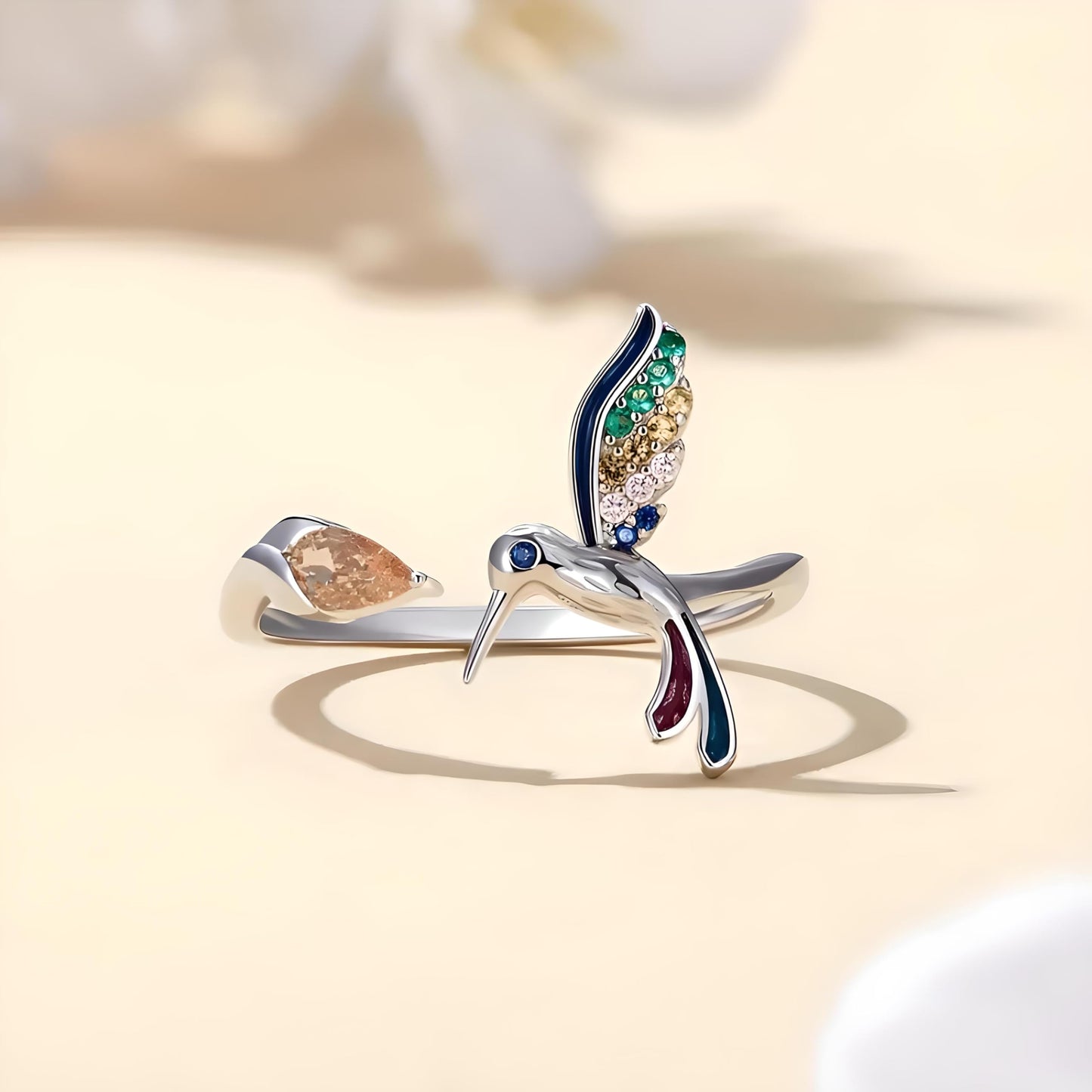 Sterling Silver Hummingbird Ring with Enamel Flowers, Adjustable, Turquoise and Purple