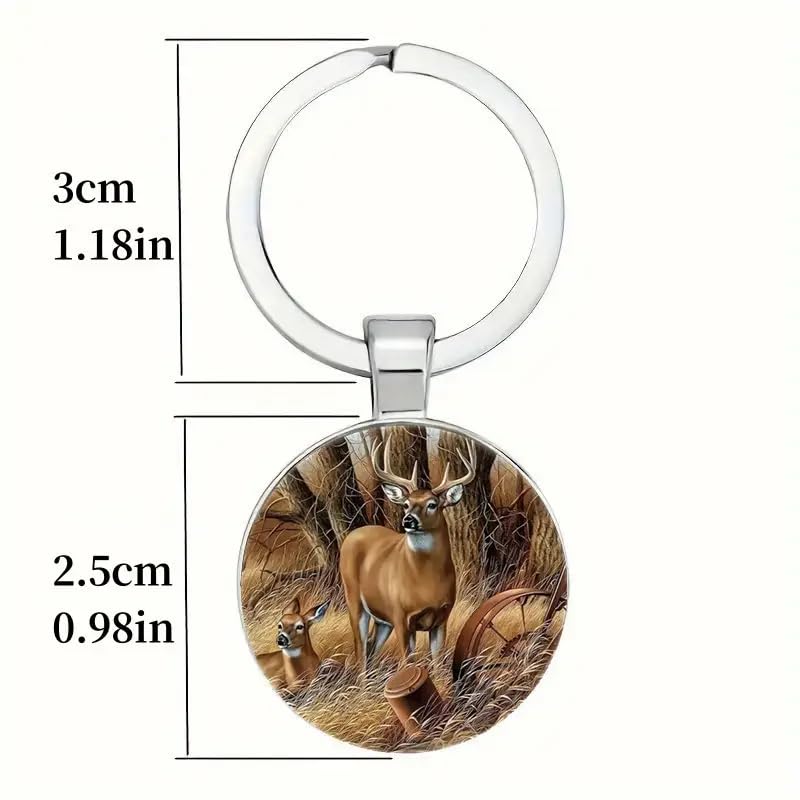 Mountain Sunset Stained Glass Art Keychain, Nature Scene Design, Round Pendant (White-tailed Deer)