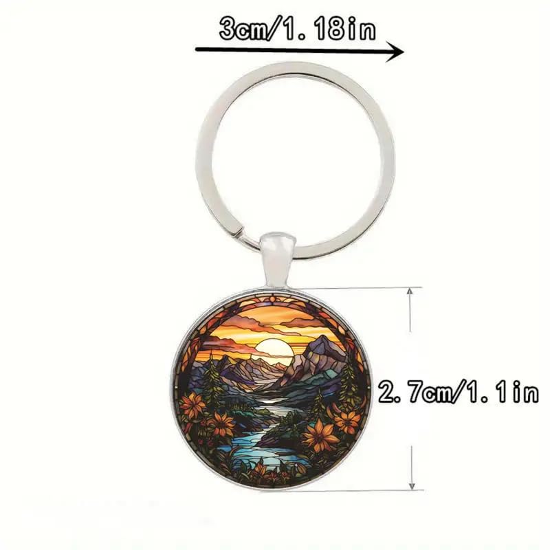 Mountain Sunset Stained Glass Art Keychain, Nature Scene Design, Round Pendant (Flowing River)