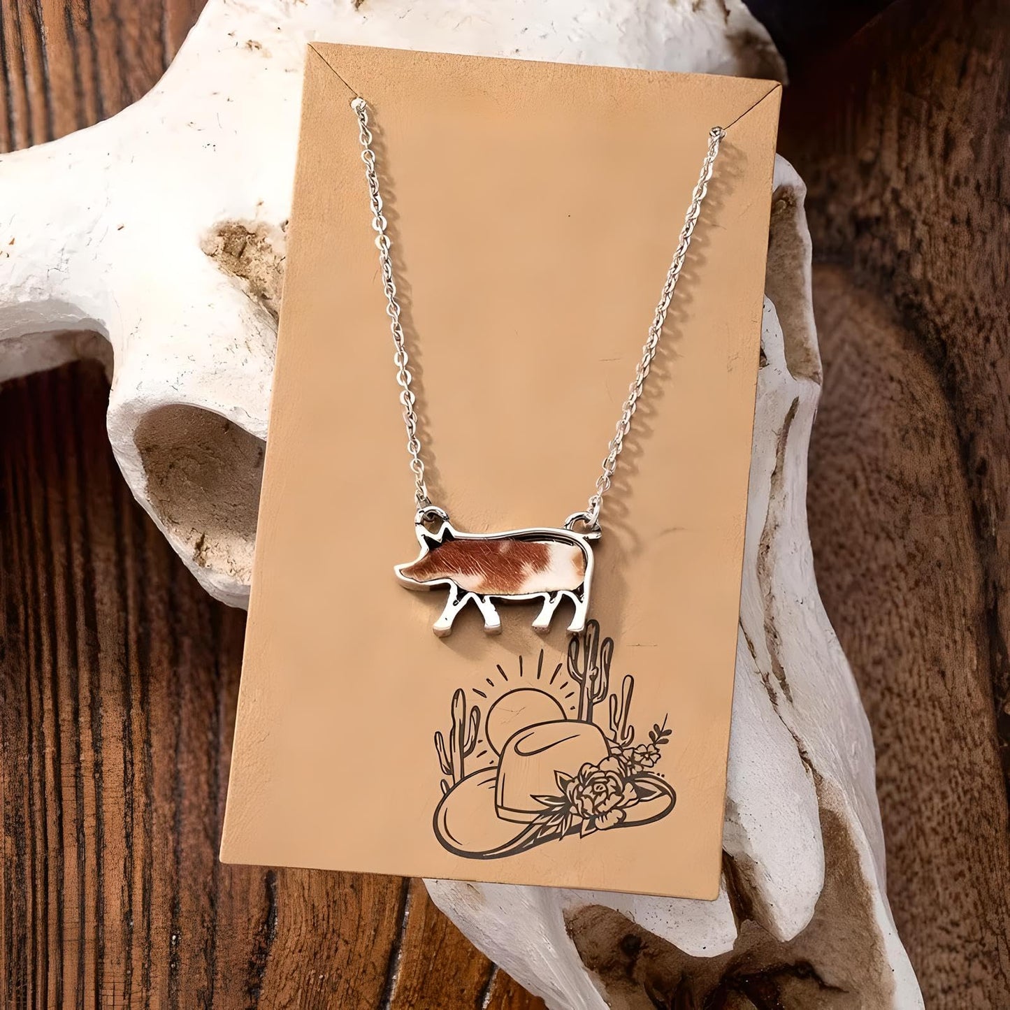 Western Farm Animal Pendant Necklace, Cow, Horse, Goat, and Pig Hide - Silver Chain, 15.35 inch + 1.97 inch Extension
