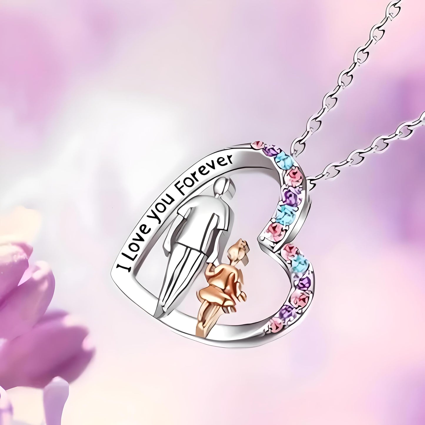 Father and Daughter Heart Necklaces, Crystal Accents, Silver Chain - 'I Love you Forever' - Father's Day Gift