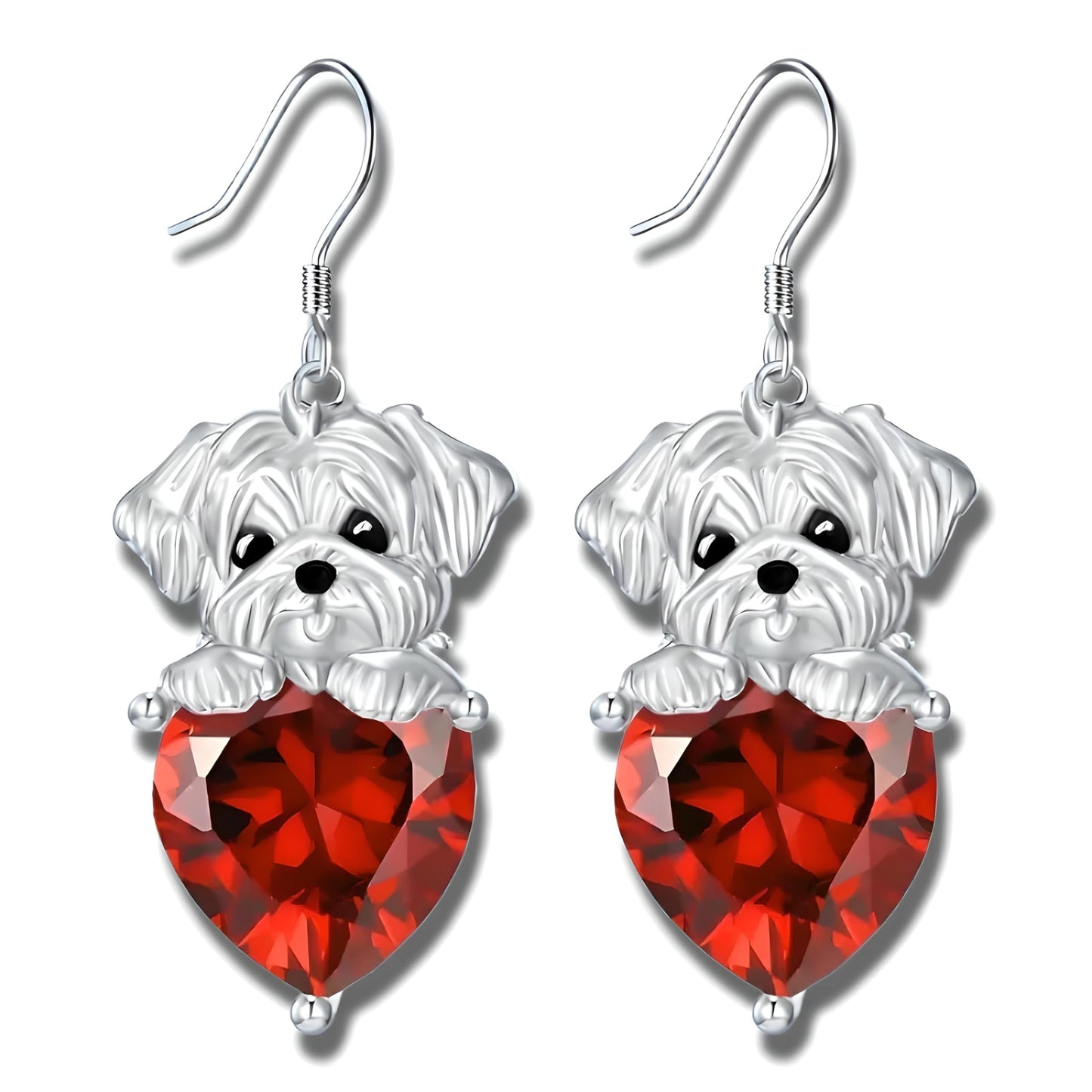 Decorative Dog Dangle Earrings, Blue Crystal Heart, Silver Shih Tzu Design