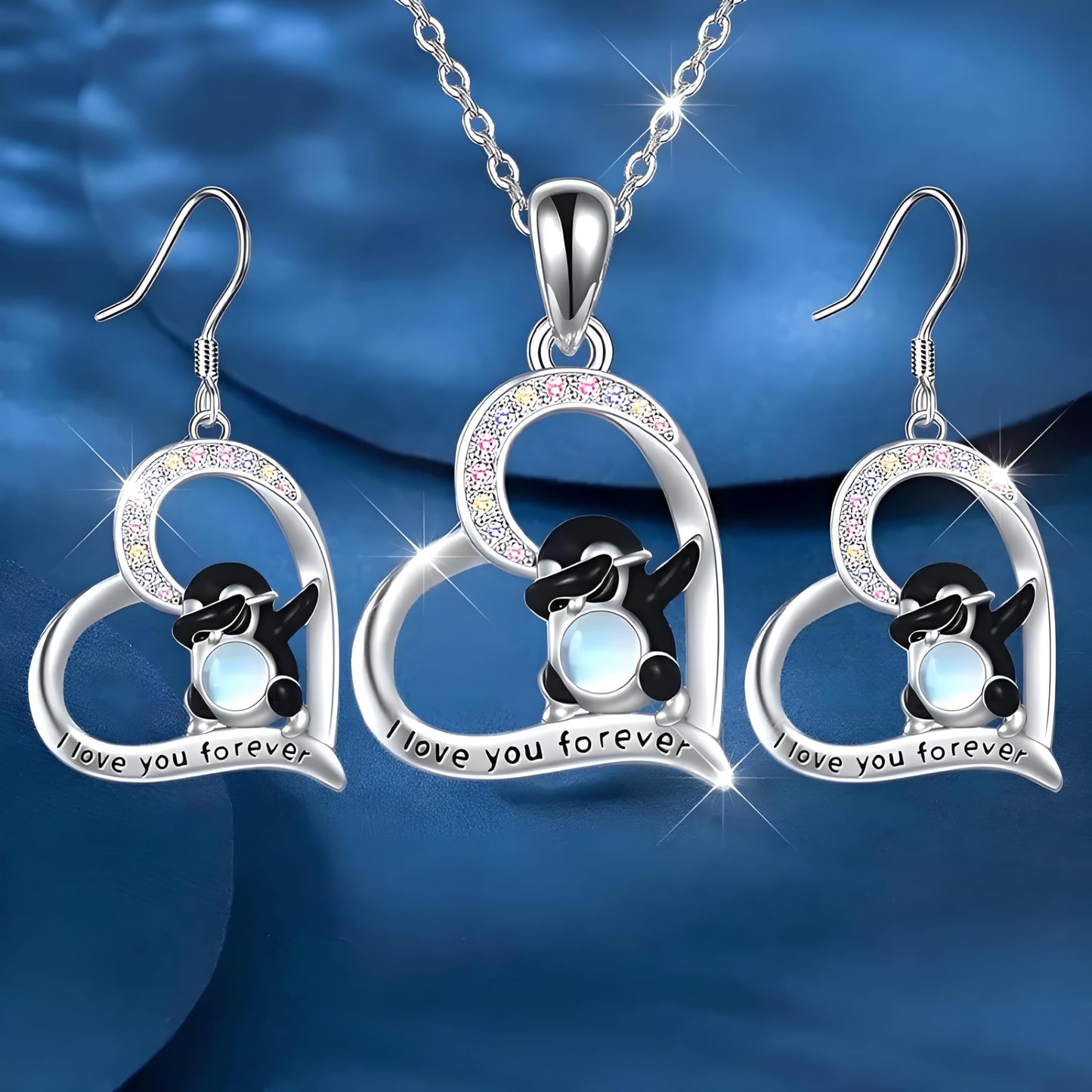 Dabbing Penguins Heart Jewelry Set, I Love You Forever Necklace and Earrings, Crystal Rhinestone Silver Pendant, 17.55 inch Chain