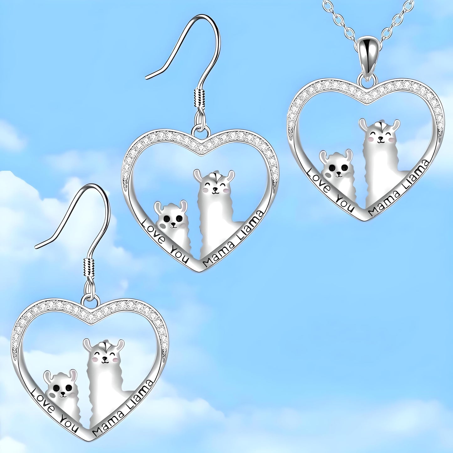 Heart-Shaped Llama Jewelry Set, Sterling Silver Necklace and Earrings, Crystal Rhinestone - Llama Gift