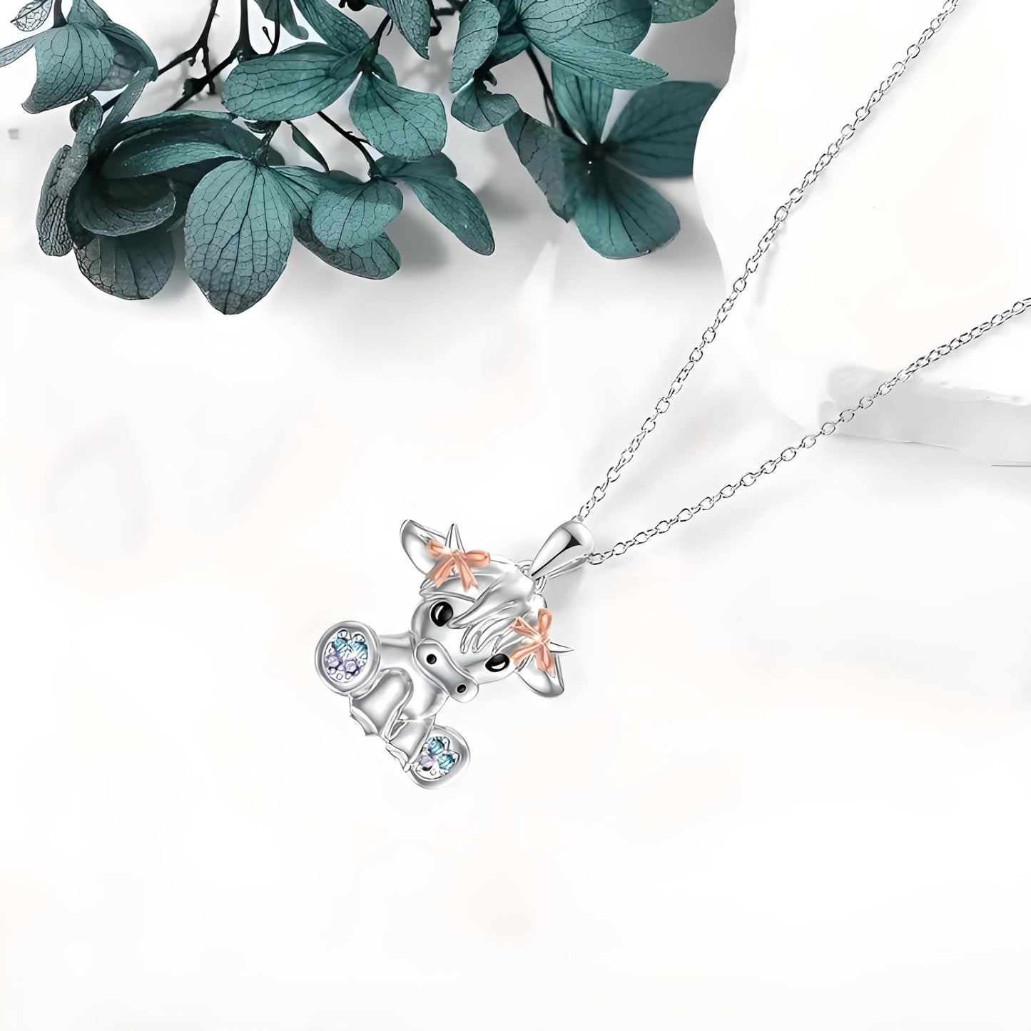 Stainless Steel Cow Pendant Necklace, Crystal Accents, Rose Gold Bows, 17.6 inch Chain