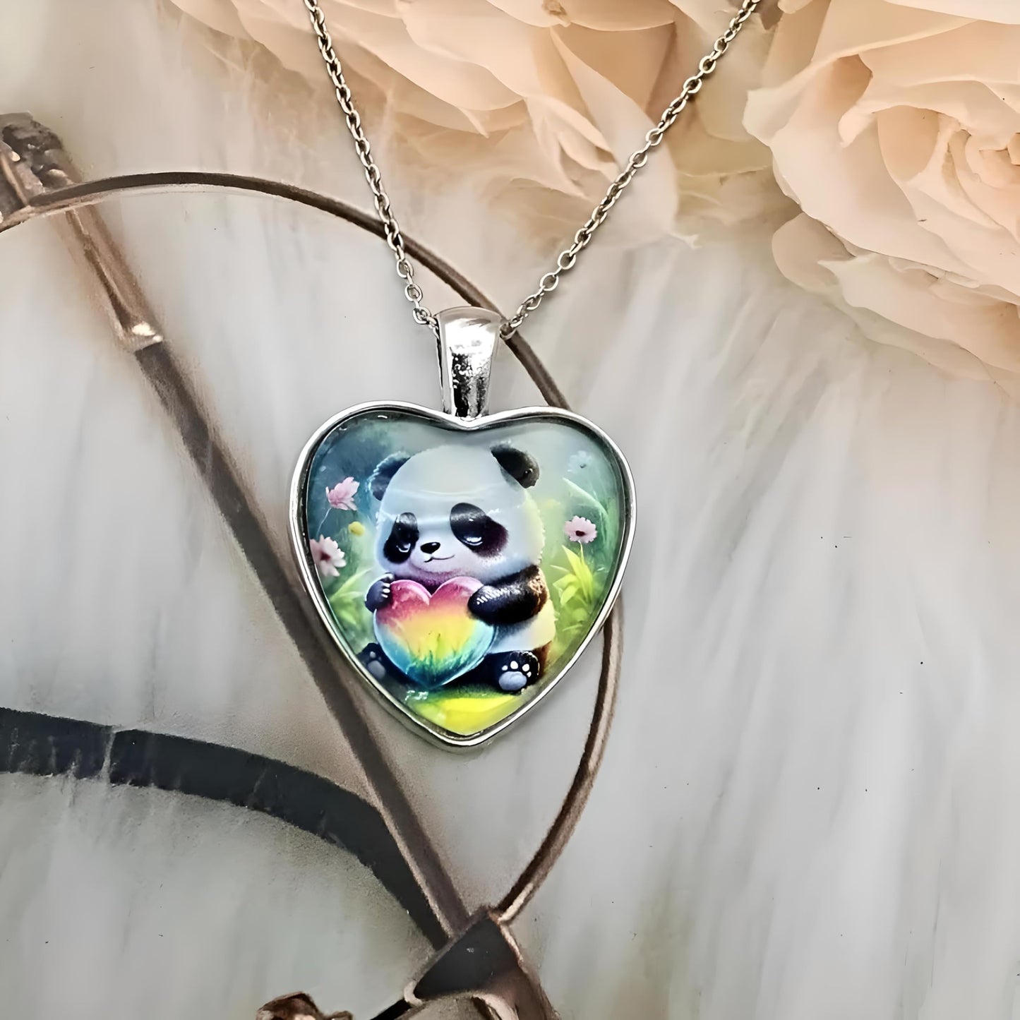 Heart-Shaped Pendant Necklace with Different Animals - Panda, Horse, Deer, Cat, Elephant, Dog Scenic Views, Stainless Steel Necklace with Glass Pendant - Christmas, Holiday, or Birthday Gift