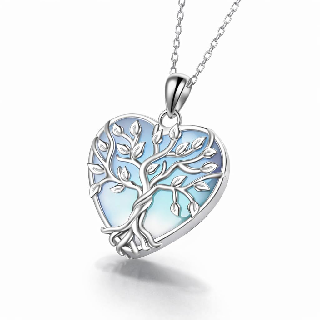 SUPAC Tree of Life Jewelry Set, Blue Crystal Heart Design, Silver-Tone Necklace Bracelet Earrings Keychain, 4-Piece Set