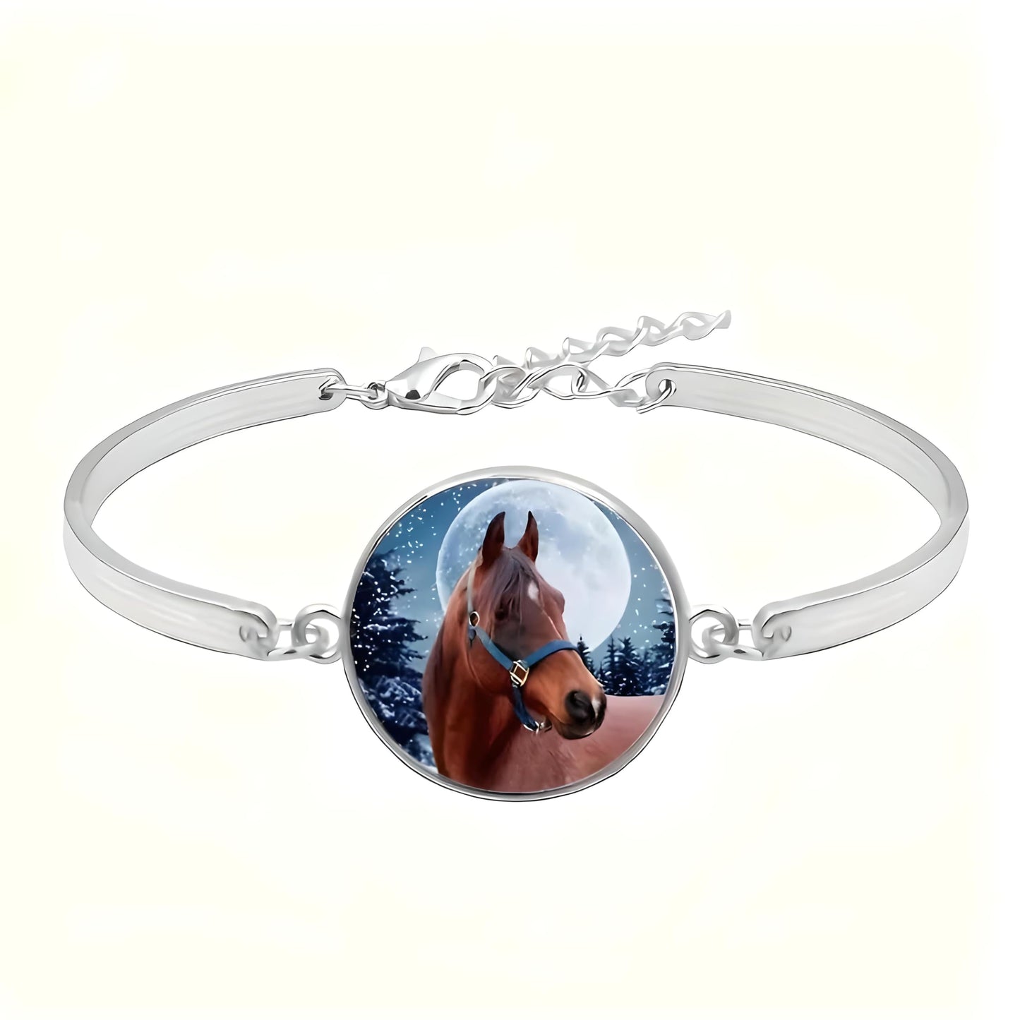 Horse Jewelry Set with Necklace, Bracelet and Earrings, Winter Moon Design, 4 Pieces, Silver