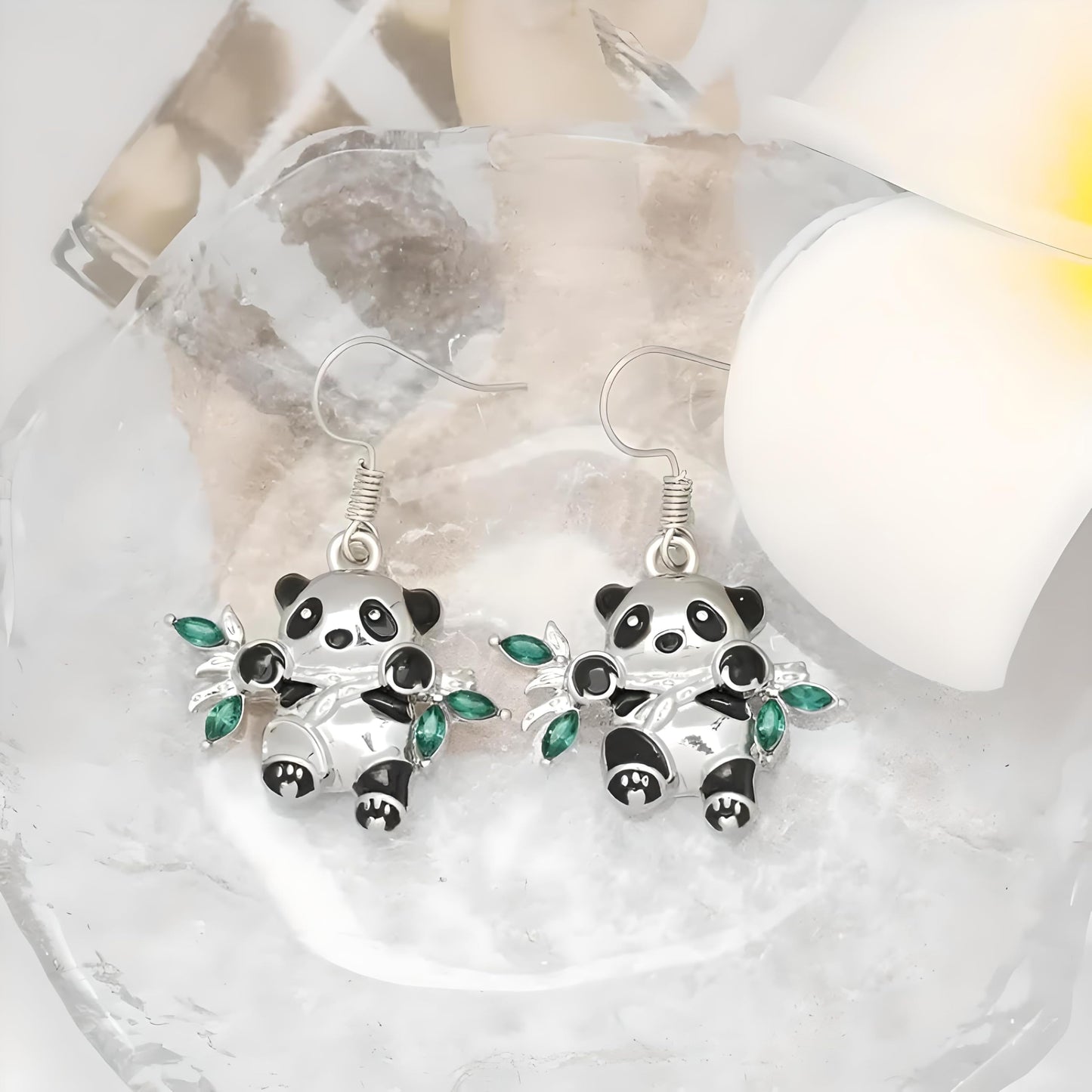 Panda Jewelry Set with Necklace, Earrings, Bracelet and Keychain, Silver with Green Crystal Bamboo Leaves