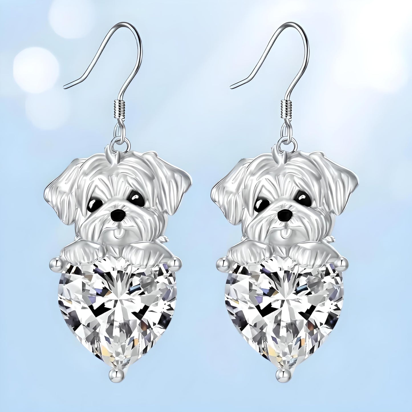 Decorative Dog Dangle Earrings, Blue Crystal Heart, Silver Shih Tzu Design