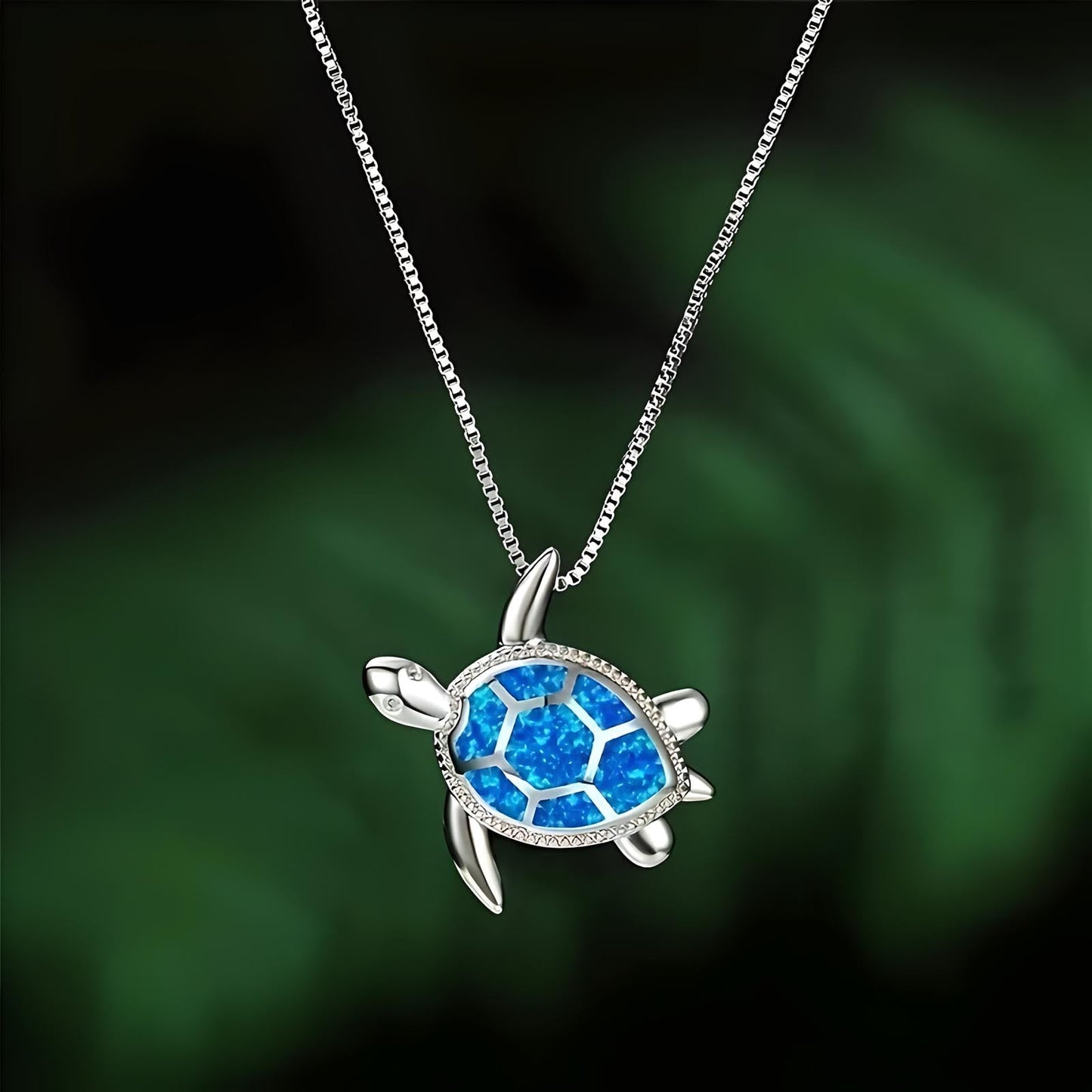 Blue Opal Sea Turtle Pendant Necklace, Sterling Silver Chain 17.7", Crystal Inlay