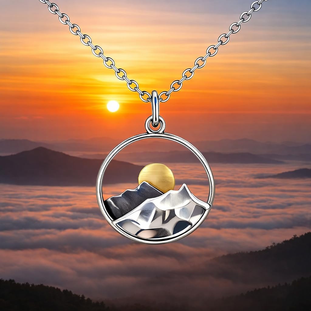 SUPAC Mountain Scene Pendant Necklace, Silver Chain, Nature Landscape Design, Circle Pendant