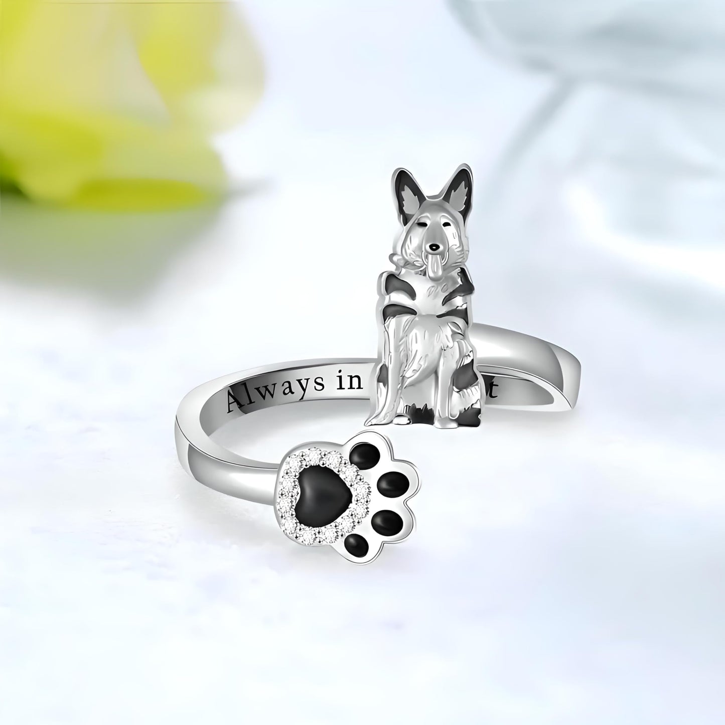 German Shepherd, Yorkie, Pug Dog Paw Adjustable Ring, Sterling Silver, Paw Print Design with Crystal Accents - Christmas, Birthday, or Party Ring