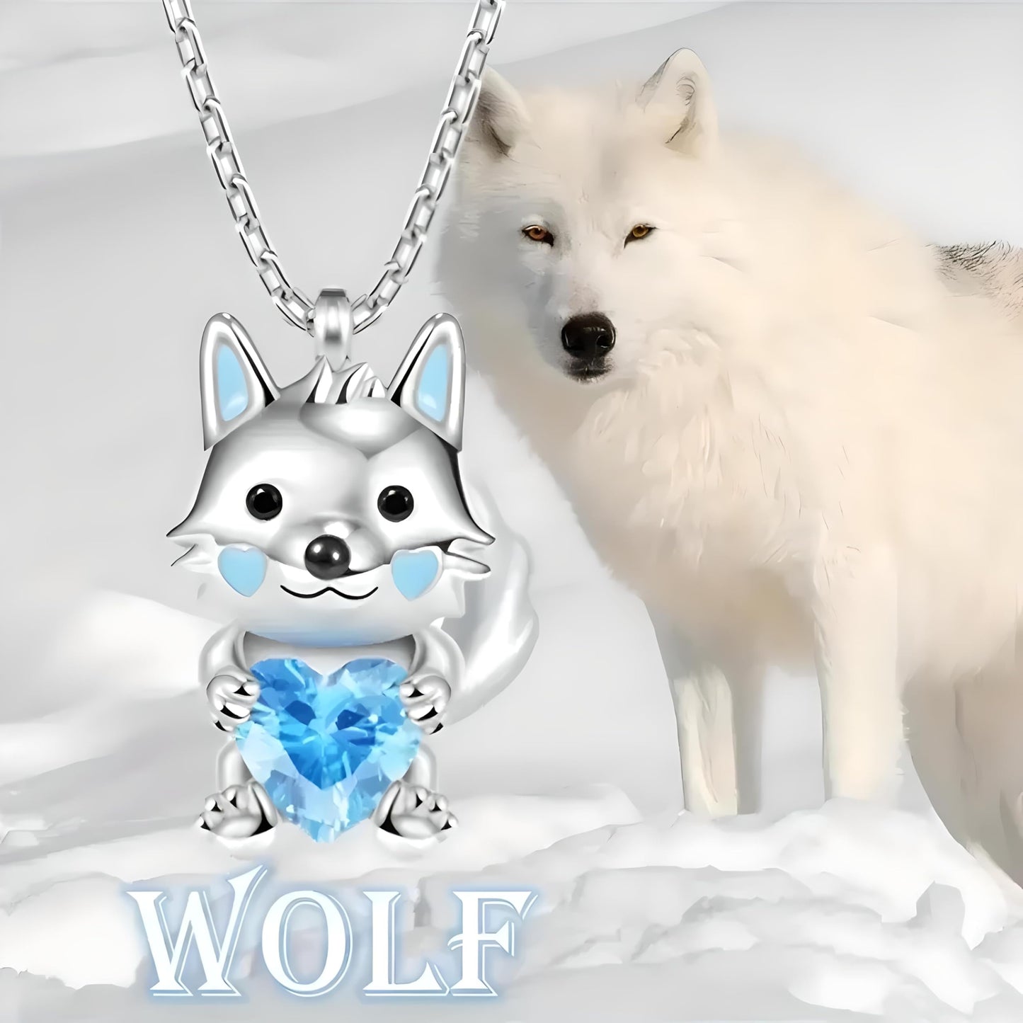 Wolf Jewelry Set with Blue Crystal Heart, Sterling Silver Necklace, Bracelet, Earrings and Keychain, 4-Piece Set