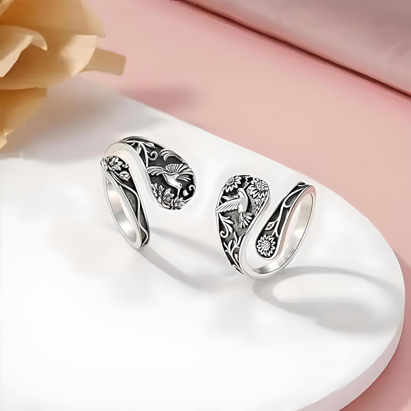 Vintage Hummingbird Spoon Ring, Sterling Silver Adjustable Band, Floral Design