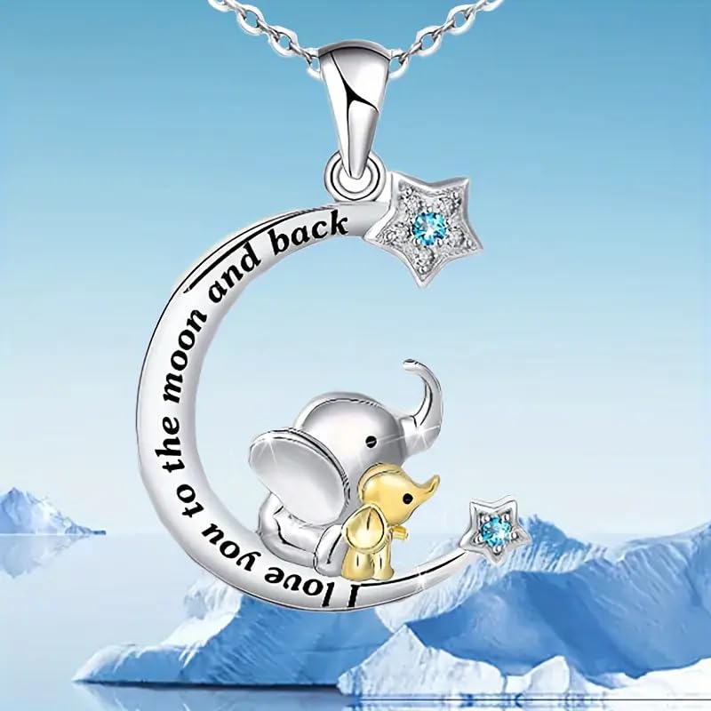 Moon and Stars Elephant Pendant Necklace, Silver Chain with Blue Crystal Stars - Elephant Lover's Gift