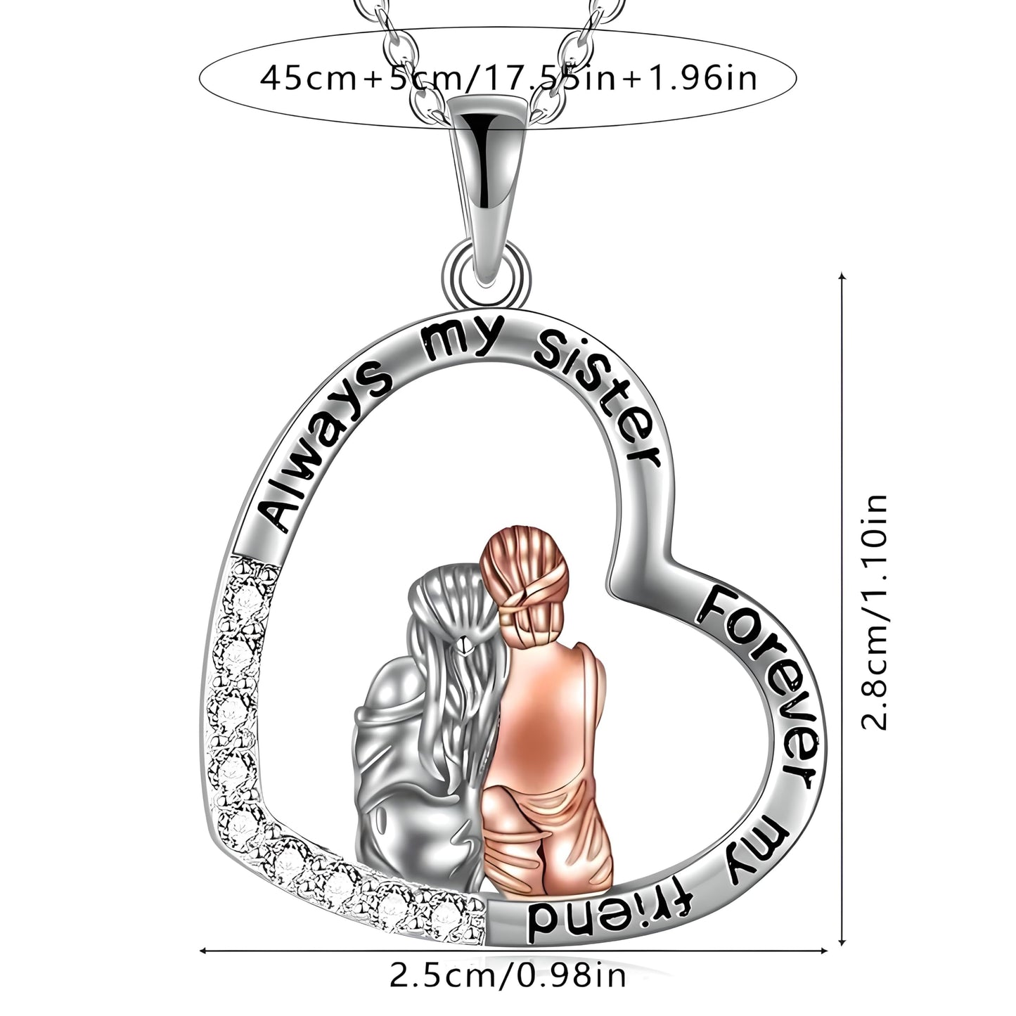 3PCS Sister Love Heart Pendant Necklace Set, Fashion Alloy, One necklace with Two Earings- White Gold Plated Jewelry for Women – "Always my sister, Forever my friend" -Ideal Birthday, Christmas, Party Gift