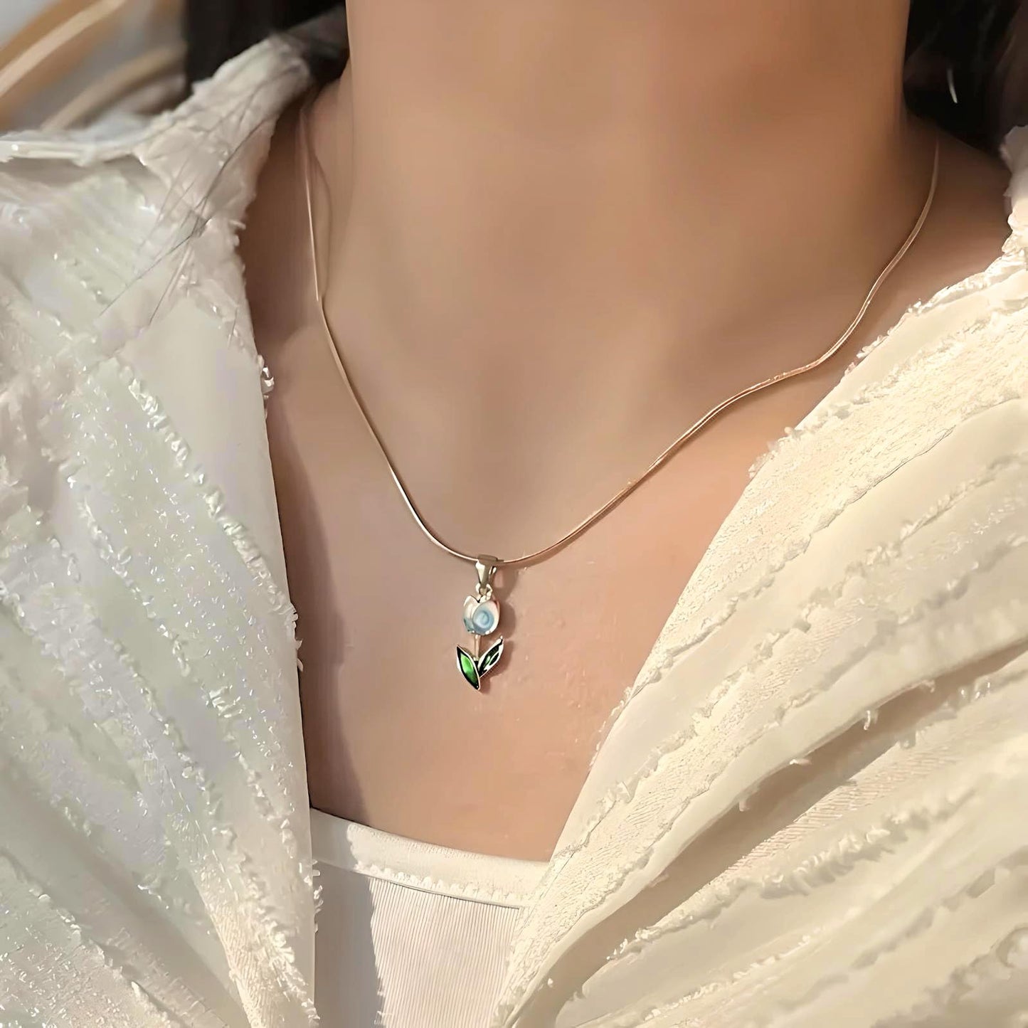 SUPAC Tulip Pendant Necklace, Gold-Plated Chain, Blue and Green Enamel Flower, 17.3 Inches