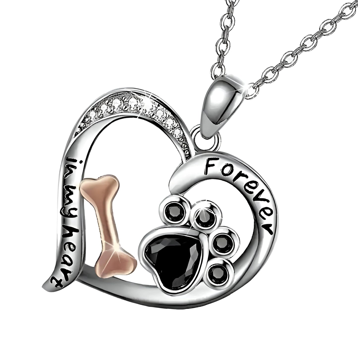 Pet Memorial Jewelry Set, Forever in My Heart Paw Print and Bone Design, 4-Piece Silver Necklace, Bracelet, Earrings and Keychain
