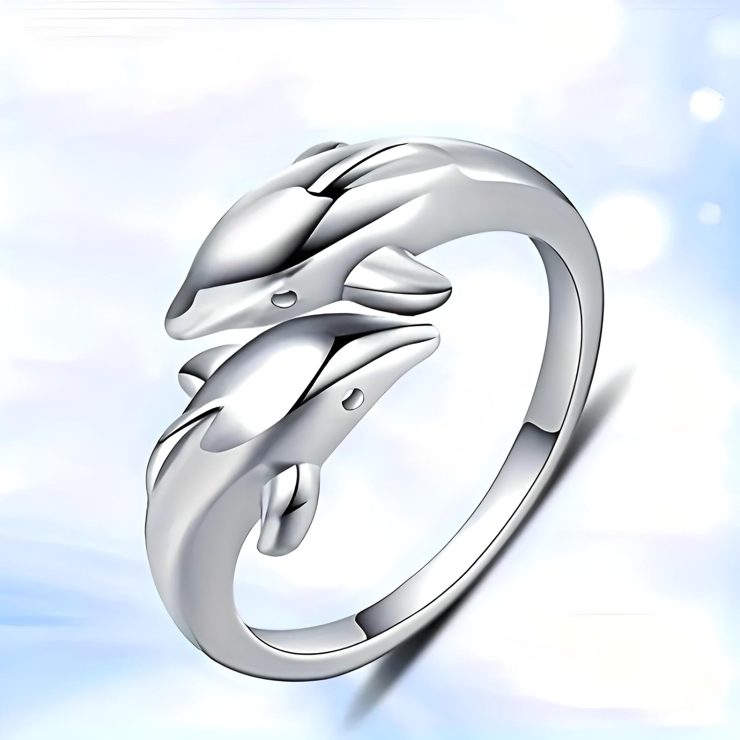 Stainless Steel Double Dolphin Ring, Adjustable Size, 0.7 inch Inner Length - Ocean Gift