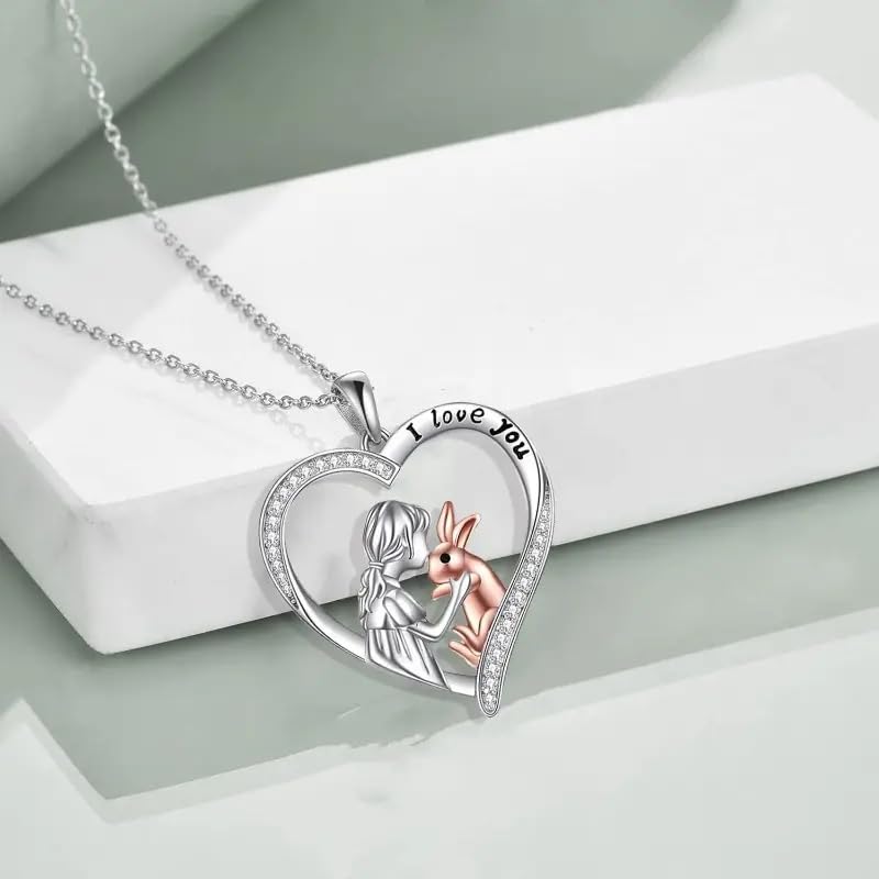 SUPAC Charming Woman & Rabbit Heart Pendant Necklace, I Love You, White Golden Plated Alloy, Birthday or Christmas Gift