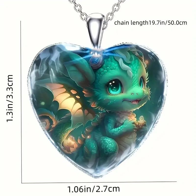 Cute Green Dragon Necklace, Glass Heart Pendant Charm with Stainless Steel Chain - Holiday, Christmas, or Birthday Gift