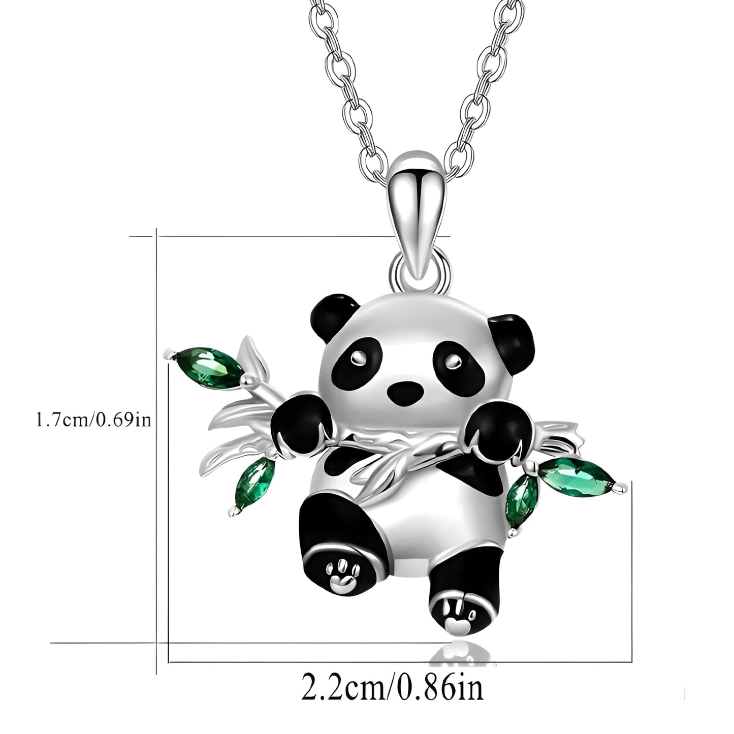 Sterling Silver Panda Pendant Necklace with Green Crystal Bamboo Leaves, 0.86 x 0.69 inches