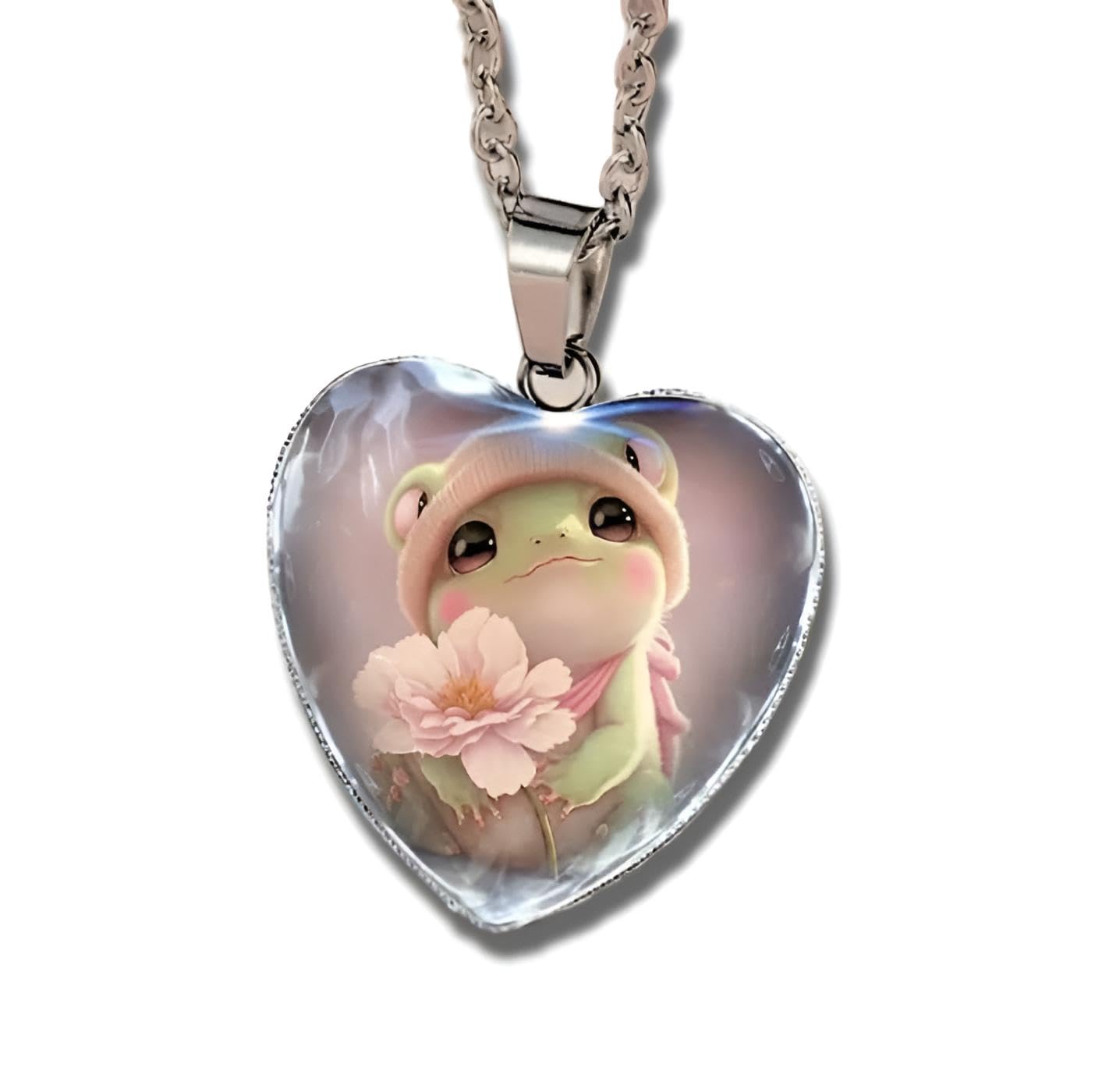 Cute Heart-Shaped Frog - Glass Pendant Necklace with Flower, Silver Chain - Holiday, Birthday, or Christmas Gift