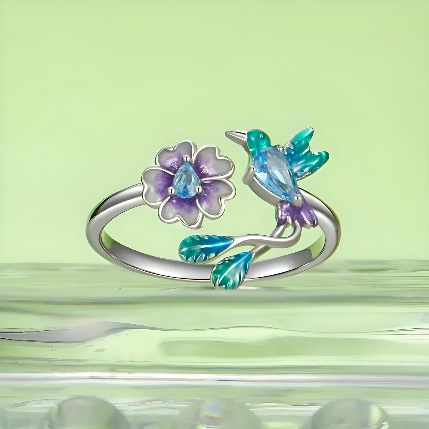 Sterling Silver Hummingbird Ring with Enamel Flowers, Adjustable, Turquoise and Purple