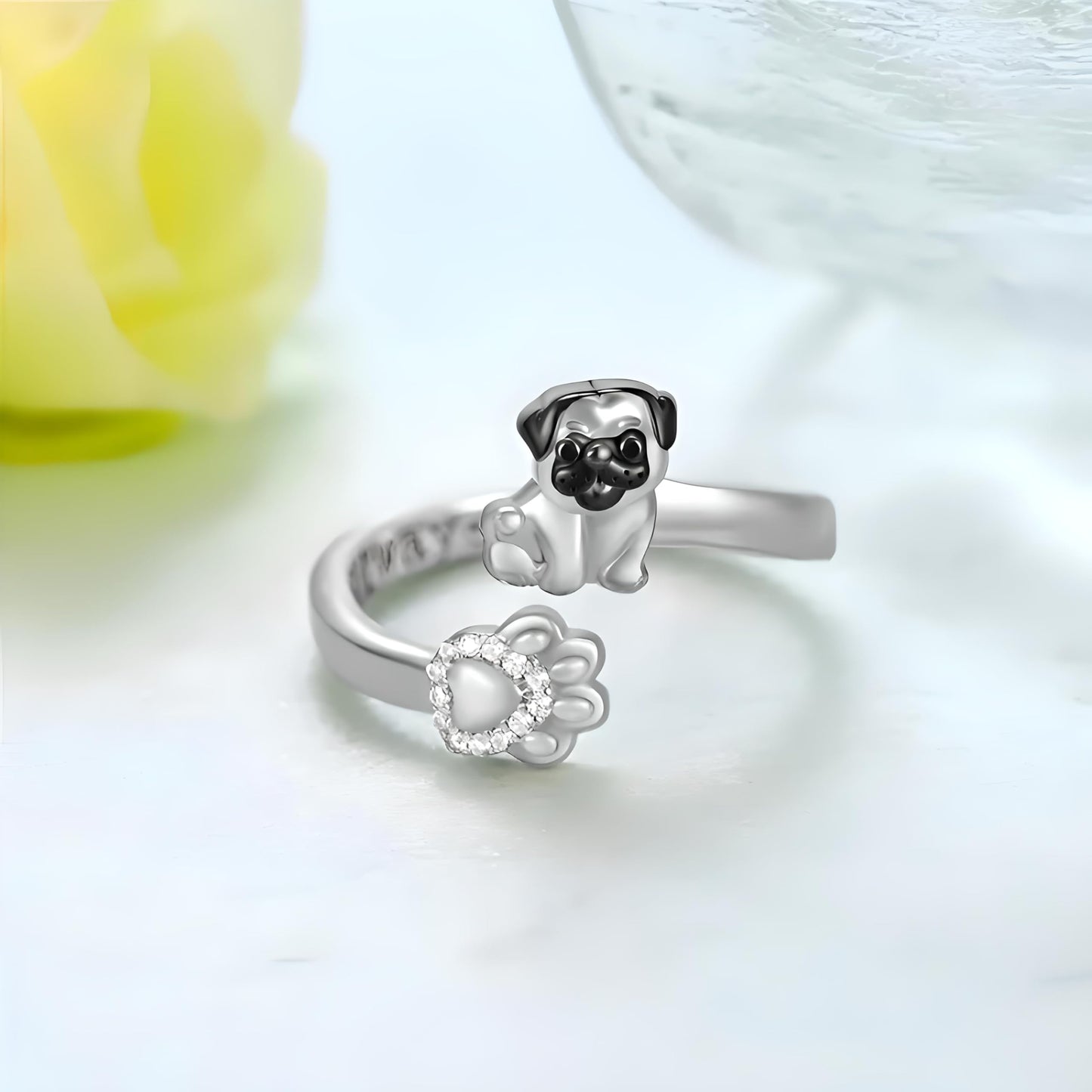 German Shepherd, Yorkie, Pug Dog Paw Adjustable Ring, Sterling Silver, Paw Print Design with Crystal Accents - Christmas, Birthday, or Party Ring