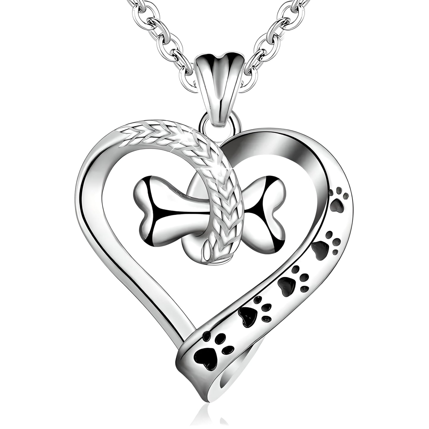 Dog Lover Heart Pendant Necklace with Bone Charm and Paw Prints, Stainless Steel Chain 17.7", Pet Memorial Jewelry