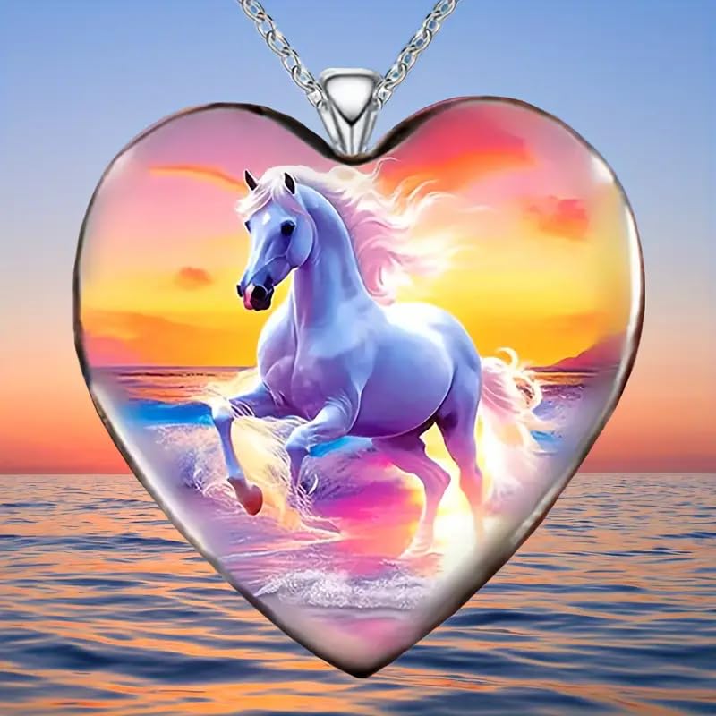 Sunset Beach Horse Running Through The Ocean Heart Pendant Necklace, Multicolor with Stainless Steel Chain - Christmas, Holiday, or Birthday Gift