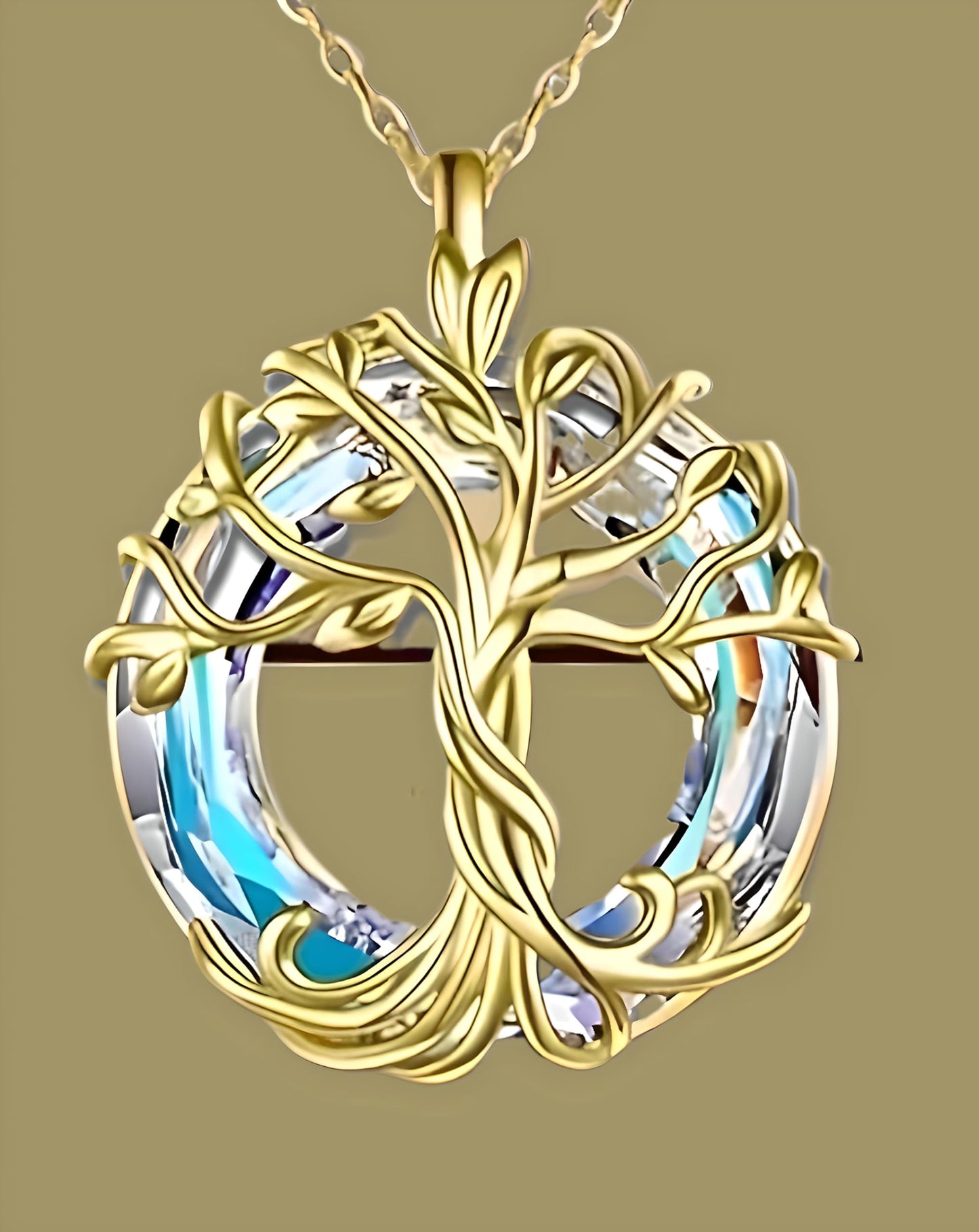 SUPAC Tree of Life Swing, Sloth, Horse + Other Styles Pendant Necklace, Silver Chain, Crystal Rainbow Background - Gift for Friends (Gold Tree of Life)