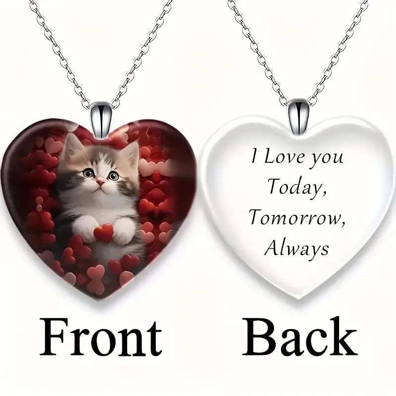 Valentines Day Cute Kitten Necklace, Red Hearts with Heart Shaped Glass Pendant, 'I Love you Today, Tomorrow, Always' Engraved, Stainless Steel Chain - Holiday, Christmas, or Valentines Day Gift