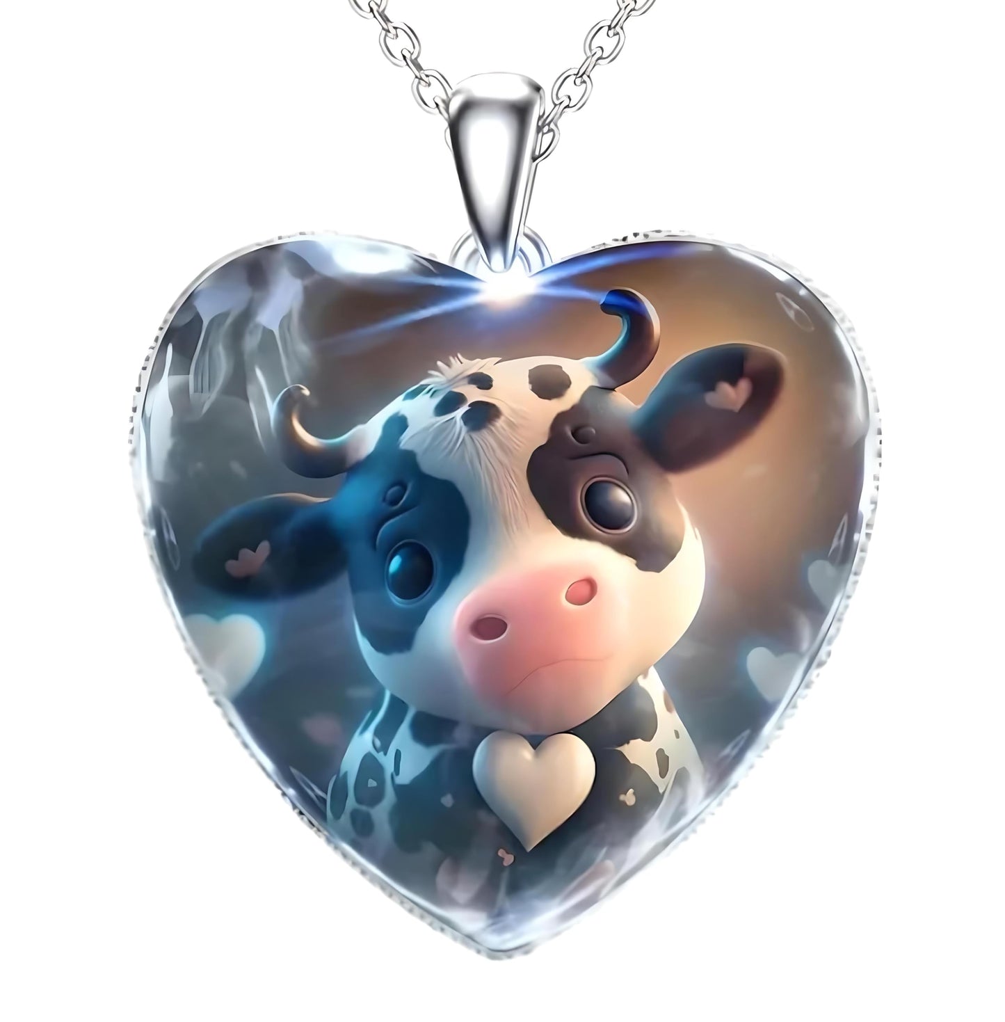 Heart-Shaped Pendant Necklace with Different Animals - Panda, Horse, Deer, Cat, Elephant, Dog Scenic Views, Stainless Steel Necklace with Glass Pendant - Christmas, Holiday, or Birthday Gift