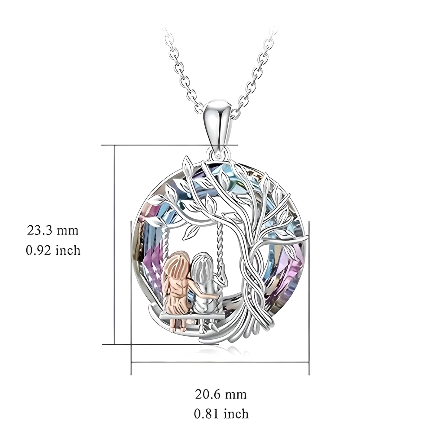 Tree of Life Swing, Sloth, Horse + Other Styles Pendant Necklace, Silver Chain, Crystal Rainbow Background - Gift for Friends