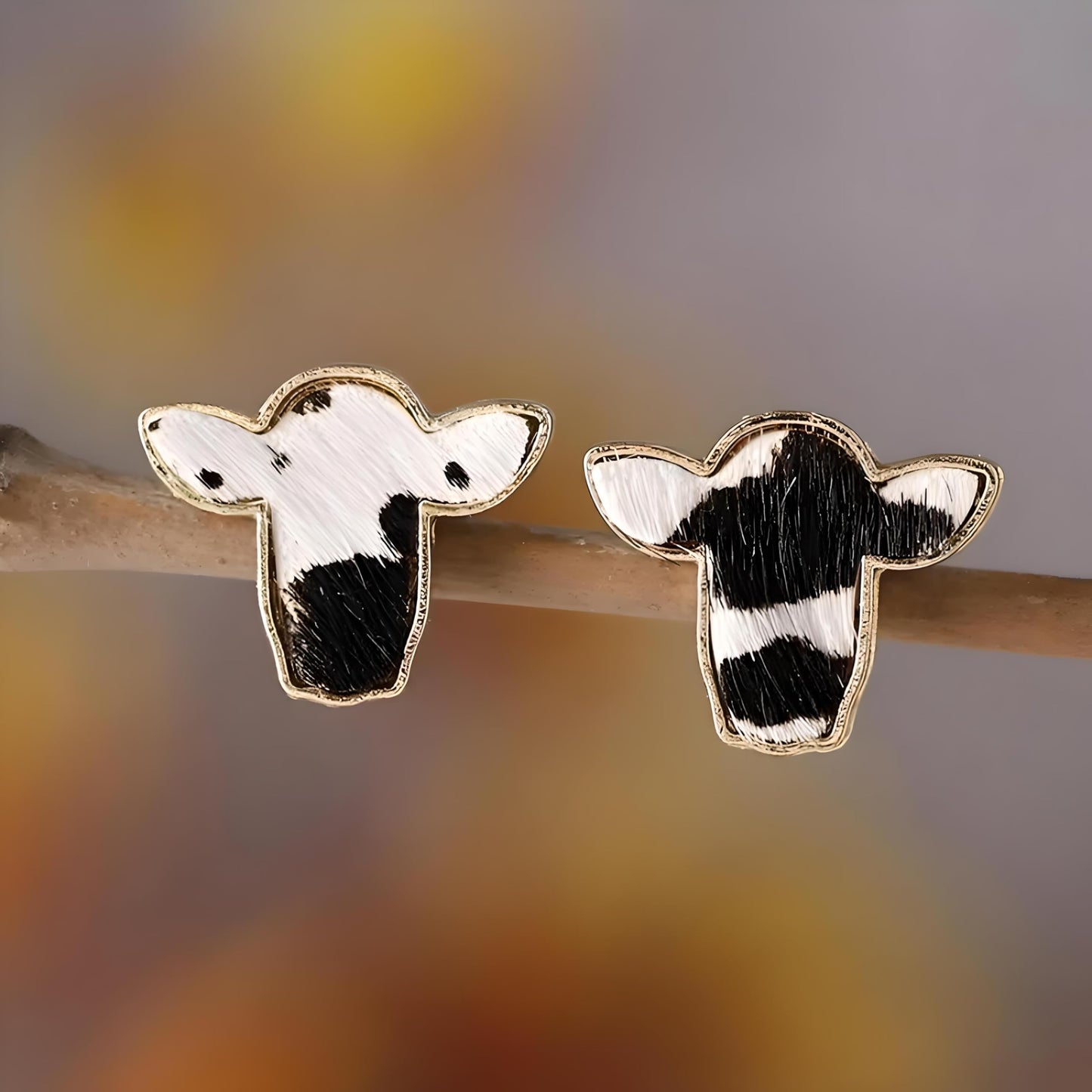 Cowhide Print Stud Earrings, 3-Set Gold-Tone Farm Animal Design, 0.78 x 0.62 inches -Brown, Orange, and Black Colors