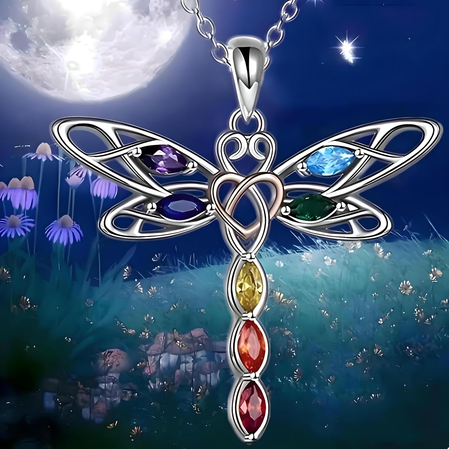 Sterling Silver Dragonfly Pendant Necklace, Multi-Color Crystal Wings, Celtic Heart Design - Dragonfly Gift