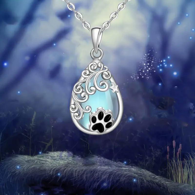 Pet Memorial Necklace, Silver Teardrop Pendant with Paw Print and Moon Stone, Cat or Dog Lovers' Gift
